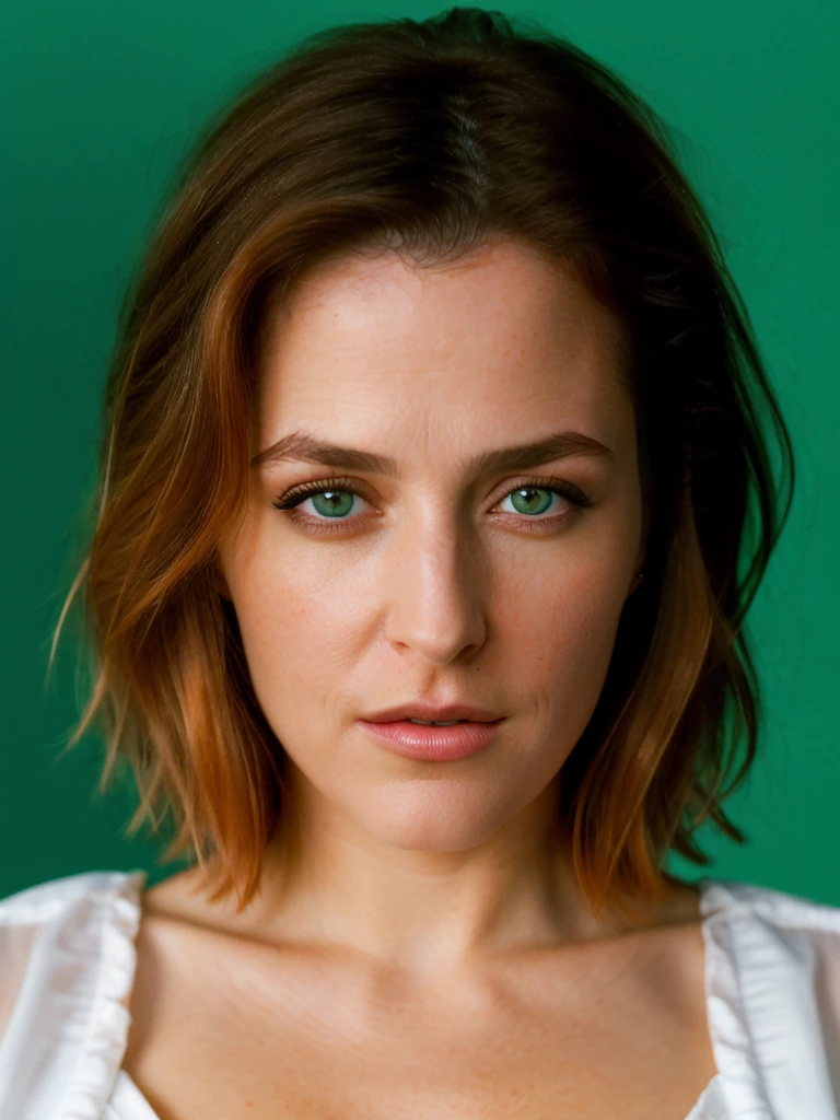 Realistic photo of a beautiful g1ll14n4 woman,1girl,solo,looking at viewer,short hair,green eyes,simple background,orange hair,white background,lips,grey eyes,portrait,realistic,soft lighting, professional Photography, Photorealistic, detailed, RAW, analog, sharp focus, 8k, HD, high quality, masterpiece<lora:g1ll14n4:1.0>