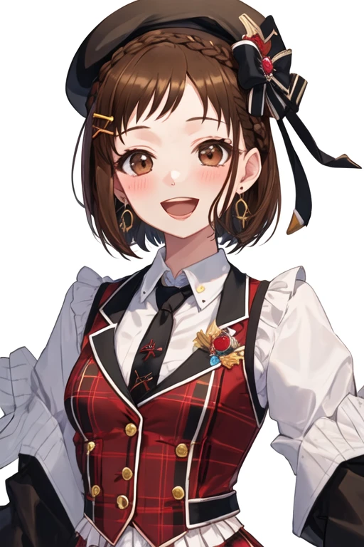 best quality, masterpiece, highres, solo, {hazawa_tsugumi_bangdream:1.15}, brown_hair, short_hair, brown_eyes, blush, smile, bangs, open_mouth, 1girl, beret, bow, earrings, hat, jewelry, looking_at_viewer, necktie, collared_shirt, frills, jacket, shirt, vest, white_shirt, hair_bow, hair_ornament, hat_bow, plaid, ribbon, braid, long_sleeves, red_vest, :d, black_necktie, gloves, hat_ribbon, plaid_headwear, upper_body