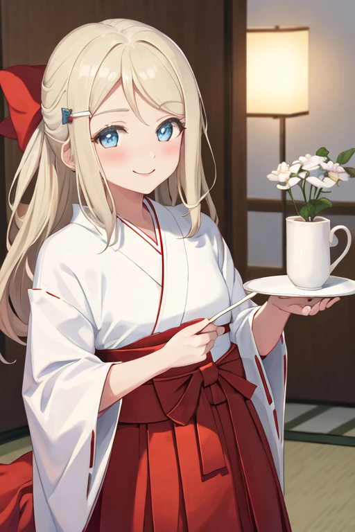 best quality, masterpiece, highres, solo, {white kimono:1.35}, {red hakama:1.35}, {wide sleeves:1.20}, {ayase_arisa_lovelive:1.15}, blonde_hair, blue_eyes, long_hair, hair_ornament, blush, hairclip, smile