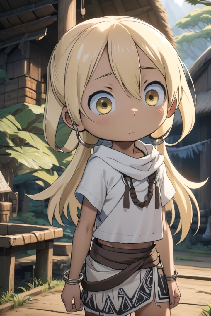 <lora:irumyuuisdxl-000019:0.5>
8 year old girl, mia_irumyuui,
she has (blonde hair).
(yellow eye color), sfw,
(blonde hair rings:1.5),
dark skin, wooden village, (flat chest), white tribal savage rag skirt,
outside, well lit, naval, chest fully covered in white savage tribal rags,
draw it in the style of made in abyss,
The soft lighting and detailed surroundings create an immersive environment where imagination runs wild
high quality visuals, dim Lighting, sharply focused, octane render, 8k UHD