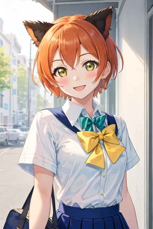 best quality, masterpiece, highres, solo, {hoshizora_rin_lovelive:1.15}, short_hair, orange_hair, smile, yellow_eyes, blush, open_mouth, green_eyes, hair_ornament, 1girl, bow, bowtie, looking_at_viewer, otonokizaka_school_uniform, school_uniform, blue_bow, shirt, white_shirt, blue_bowtie, striped, summer_uniform, striped_bowtie, striped_bow, short_sleeves, collared_shirt, skirt, upper_body