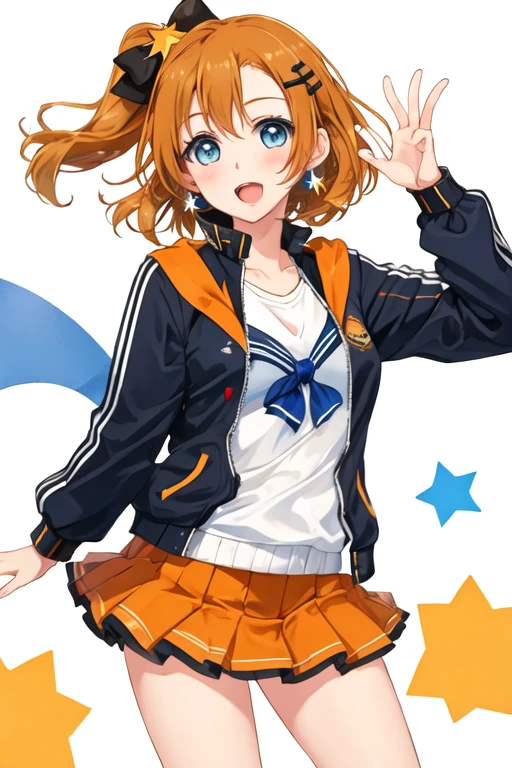 best quality, masterpiece, highres, solo, {kousaka_honoka_lovelive:1.15}, blue_eyes, orange_hair, one_side_up, smile, blush, short_hair, open_mouth, bow, hair_bow, hair_ornament, 1girl, jacket, track_jacket, white_background, star_\(symbol\), looking_at_viewer, :o, brown_hair, star_hair_ornament