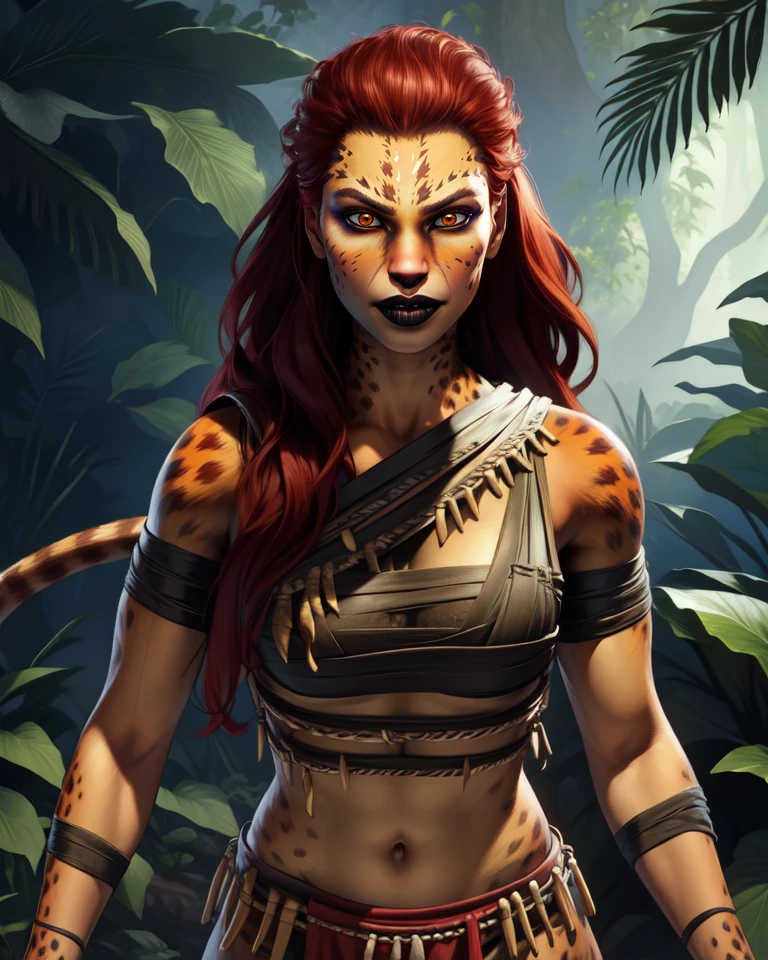 cheetahIJ2, red hair, brown eyes,  tail,  black lips, 
tribal attire,   fang,  arms up,  toned,  open mouth,  
high mountain,  jungle,  navel, hips, 
standing, upper body, 
(insanely detailed, beautiful detailed face, masterpiece, best quality) solo,   <lora:cheetah:0.7>
