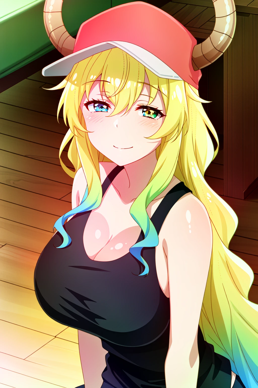 (extremely detailed CG unity 4k wallpaper),(masterpiece),(best quality),(ultra-detailed),(best illustration),(best shadow),(absurdres),(detailed background), <lora:OGT_Lucoa-v1:0.9> Lucoa, 1girl, lucoa (maidragon), unusually open eyes, breasts, heterochromia, horns, horns through headwear, smile, hat, long hair, multicolored hair, blonde hair, large breasts, green eye, purple eye, dragon girl, cleavage, blush, tank top, dragon horns, baseball cap, looking at viewer, gradient hair, green hair, indoors, solo, upper body, blue hair