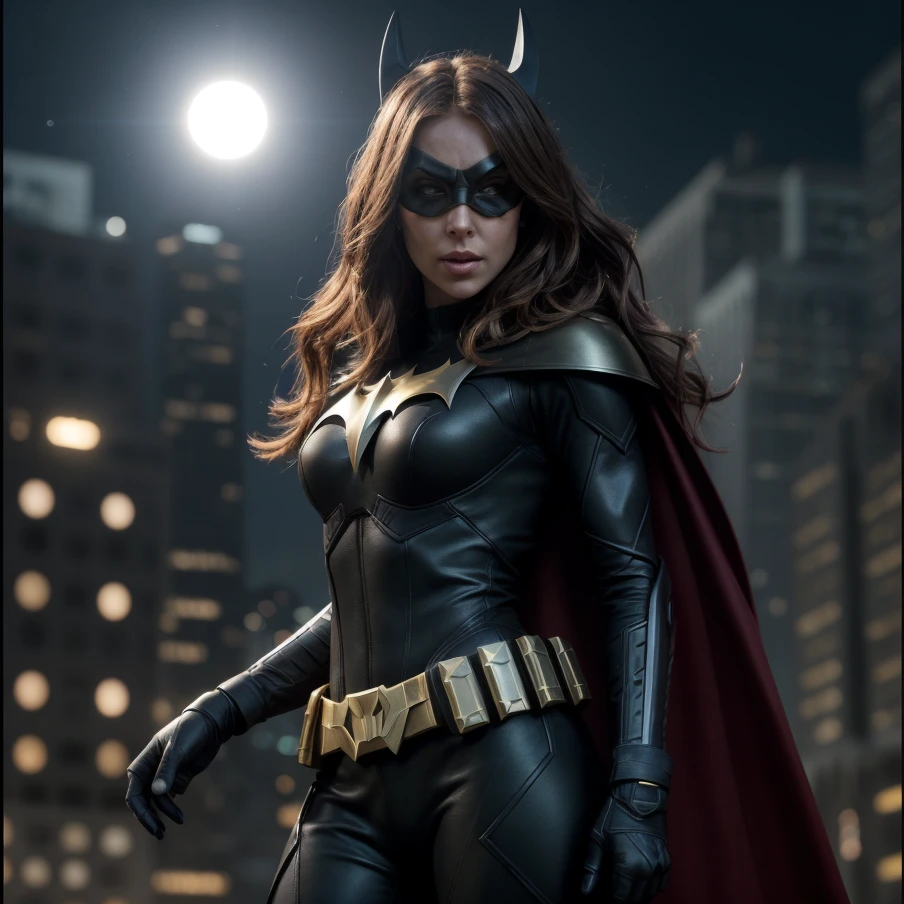 Charlize Theron, Batgirl hero costume suit armor, hair red, cape dark long, belt gold, batmask dark, fight, night , moon, (hyper realistic:1.4), (realistic:1.3), (best quality real texture skin), full body, (Cinematic Light), highly detailed skin, skin pores, (highly detailed face:1.1), (highly detailed eyes:1.1), realistic pupils, (perfect anatomy:1.1), (perfect proportions:1.1), (photography:1.1), (photorealistic:1.1), volumetric lighting, dynamic lighting, real shadows, (highres:1.1), sharp focus, daylight, (realistic, hyperrealistic:1.4), intricate, high detail, dramatic,