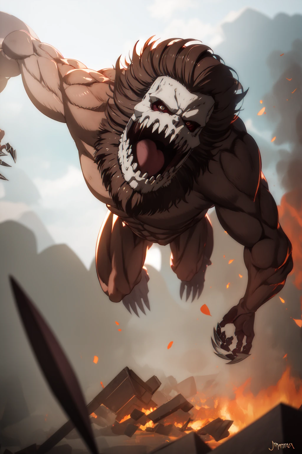 <lora:yomama_jaw_titan-10:0.8> yomama_jaw_titan, open mouth, sharp teeth, claws, quadrupedal