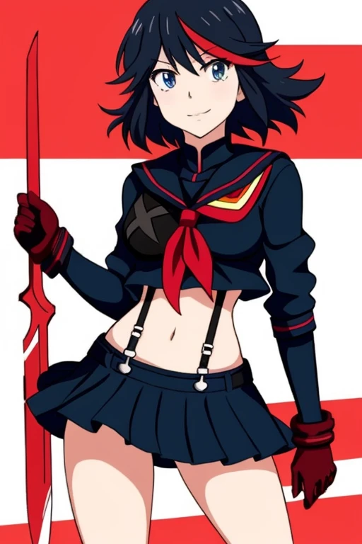 Ryuko Matoi, Ryuko, type of haircut square, 1 red curl, black hair, blue eyes, big eyes, big eyelashes, school clothes, combat clothes, dark clothing colors, red stripes, shoulder pads on armor, left shoulder pad with an eye, skirt, light skin, red gloves, suspenders, red samurai sword, thin body, beautiful girl, beautiful face, medium breast size, excellent quality, worst quality, beautiful smile, <lora:ryuko:0.6>