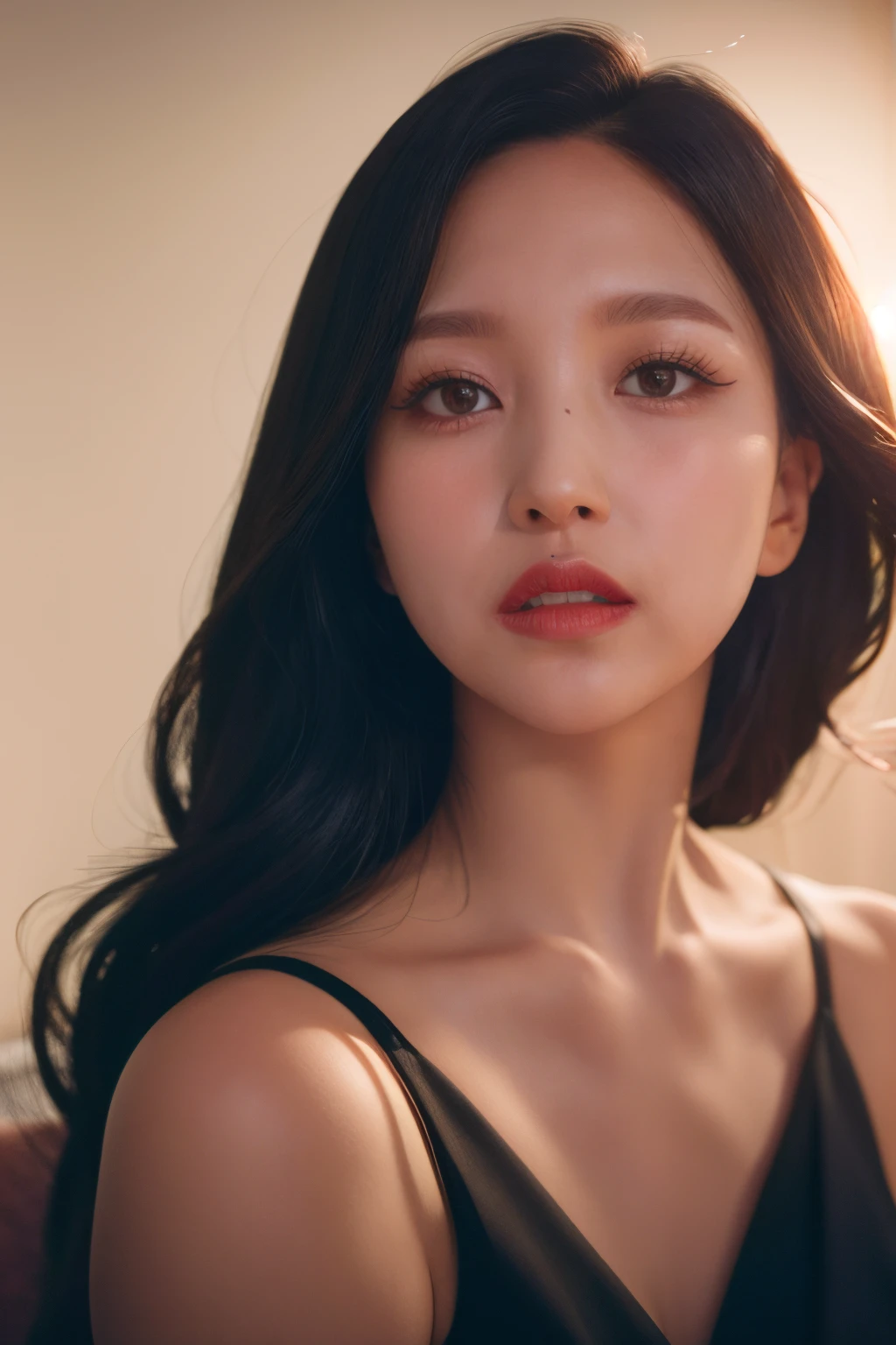 <lora:Twice Mina:1>, Mina, 1girl, solo, realistic, looking at viewer, photograph, photorealistic, beautiful and aesthetic, extremely detailed skin, extremely detailed hair, shadows, masterpiece, top quality, best quality, highres, ultra-high res, ultra-detailed, detailed lighting, high key lighting, vignetting,