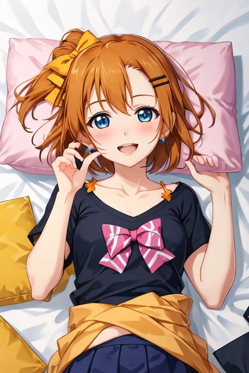 best quality, masterpiece, highres, solo, {kousaka_honoka_lovelive:1.15}, blue_eyes, orange_hair, one_side_up, smile, blush, short_hair, open_mouth, bow, hair_bow, hair_ornament, 1girl, brown_hair, collarbone, looking_at_viewer, lying, on_back, pillow, short_sleeves, bangs, clothes_lift, shirt, shirt_lift, upper_body