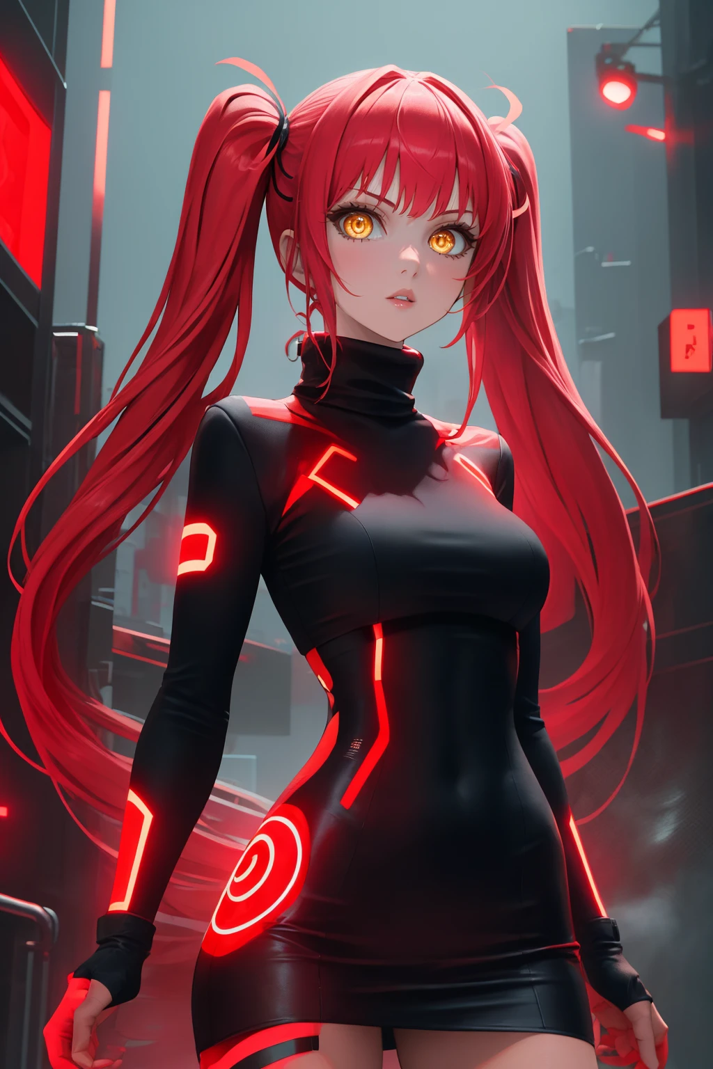 masterpiece, best quality, <lora:redneon-style-richy-v1:1> redneonstyle, glowing, red theme, neon trim, 1girl, solo, standing, turtleneck, parted lips, looking at viewer, red hair, twintails, very long hair, yellow eyes,