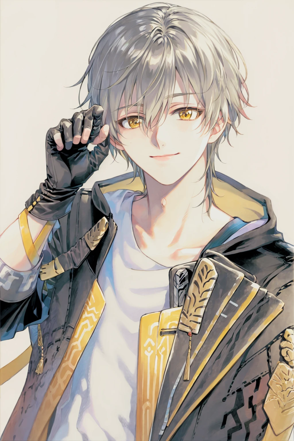 masterpiece, best quality, <lora:trailblazer:1>,<lora:style19:1>,watercolor \(medium\),traditional media,trailblazer, 1boy, animal ears, male focus, gloves, yellow eyes, solo, jacket, shirt, white shirt, looking at viewer, black gloves, grey hair, black jacket, simple background, fingerless gloves, paw pose, smile, cat ears, short hair, upper body, bangs, closed mouth, collarbone, hair between eyes, virtual youtuber, head tilt, open jacket, open clothes, extra ears