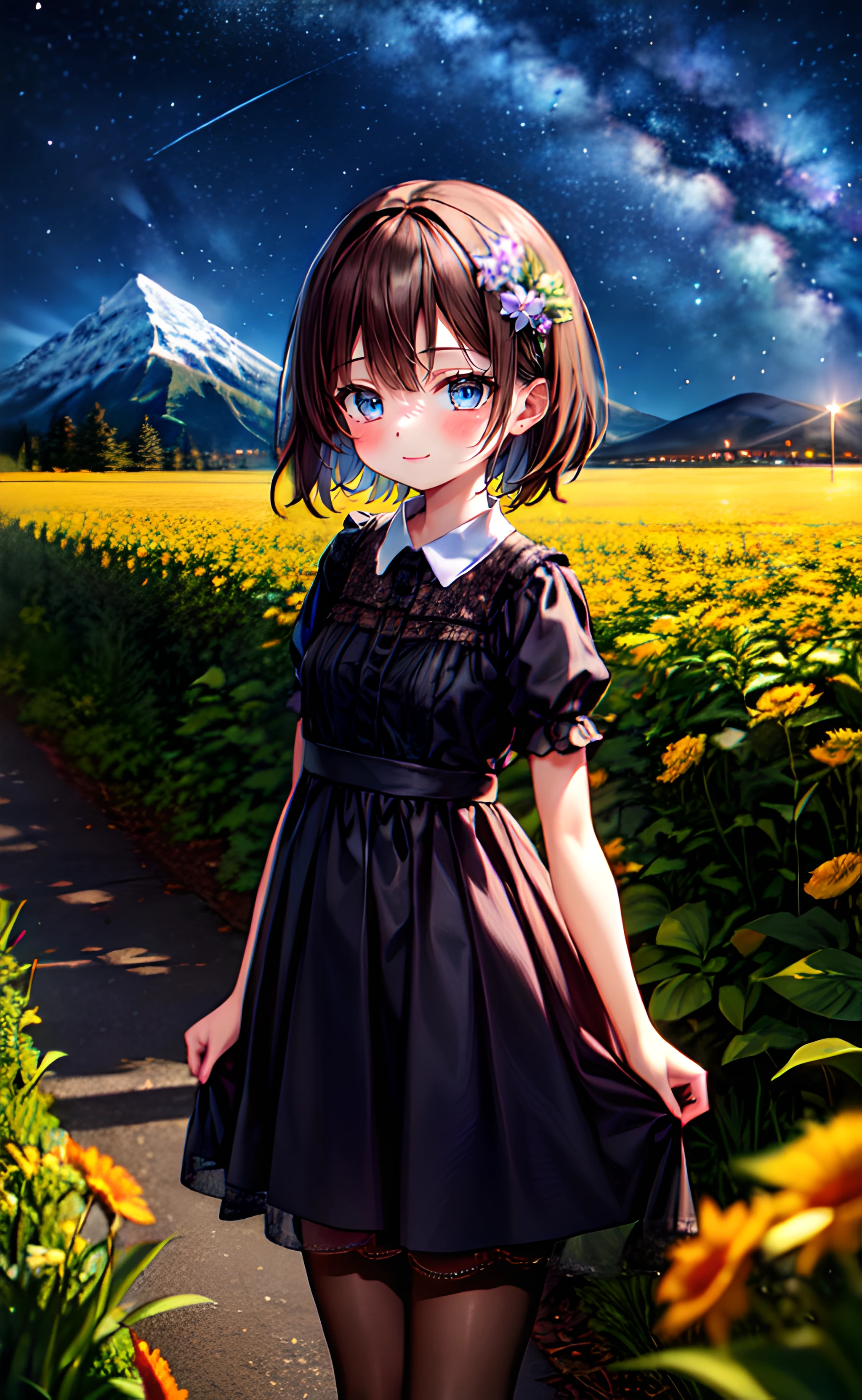 1girl, cowboy shot, standing, short hair, brown hair, blue eyes, black dress, collared dress, short sleeves, black pantyhose, closed mouth, smile, nature, flower field, mountain, night, night sky
