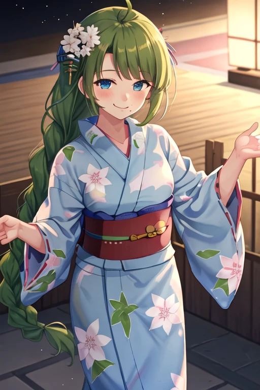 best quality, masterpiece, highres, solo, {yukata:1.40}, {kimono:1.20}, {yuugumo_kantaicollection:1.15}, green_hair, long_hair, mole, mole_under_mouth, blue_eyes, ahoge, braid, single_braid, very_long_hair, blush, smile, bow, bowtie, breasts