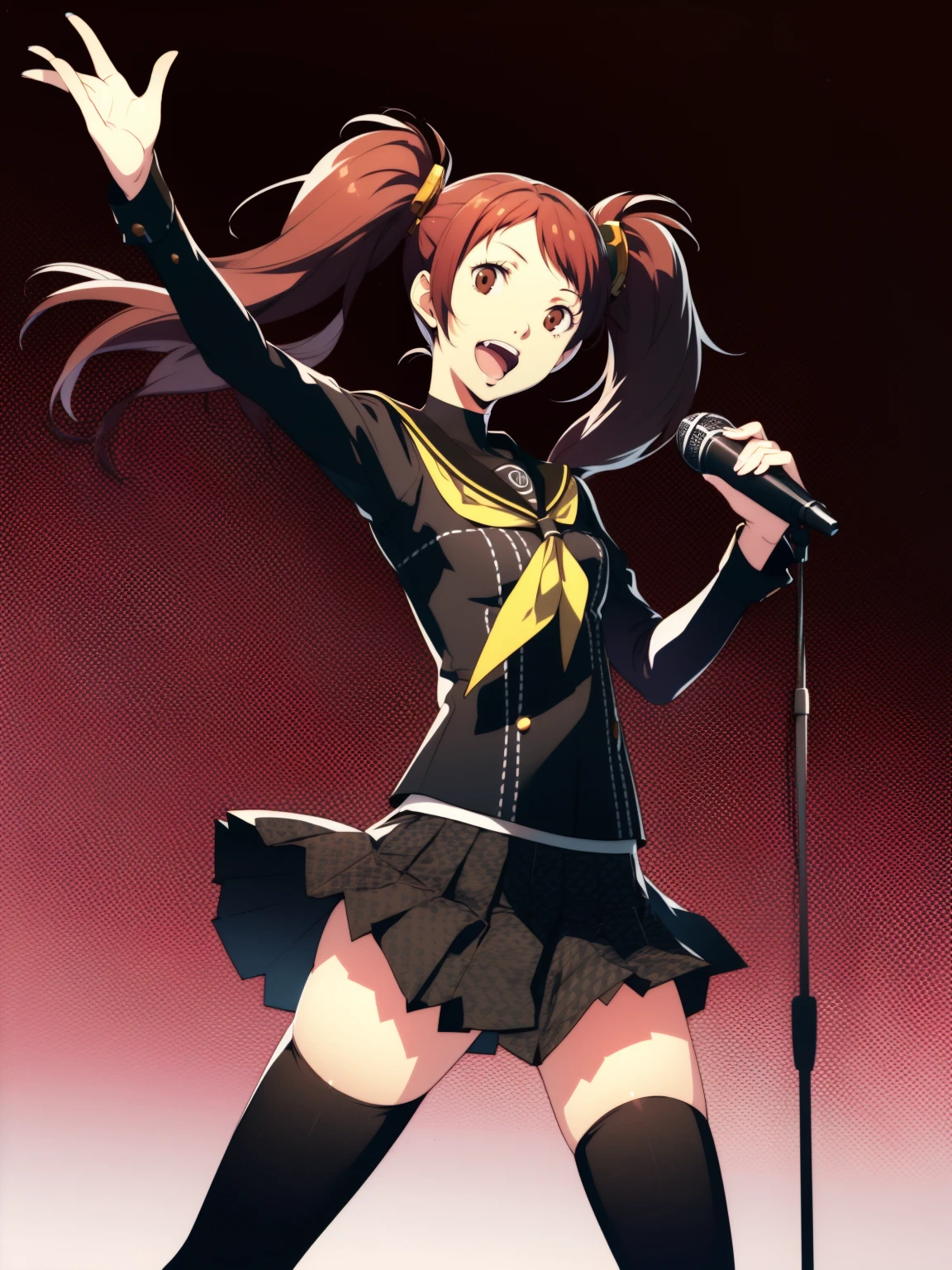 kujikawa rise, 1girl, solo, microphone, thighhighs, school uniform, twintails, brown hair, serafuku, yasogami school uniform, skirt, microphone stand, brown eyes, zettai ryouiki, black thighhighs, open mouth, long hair, singing, simple background