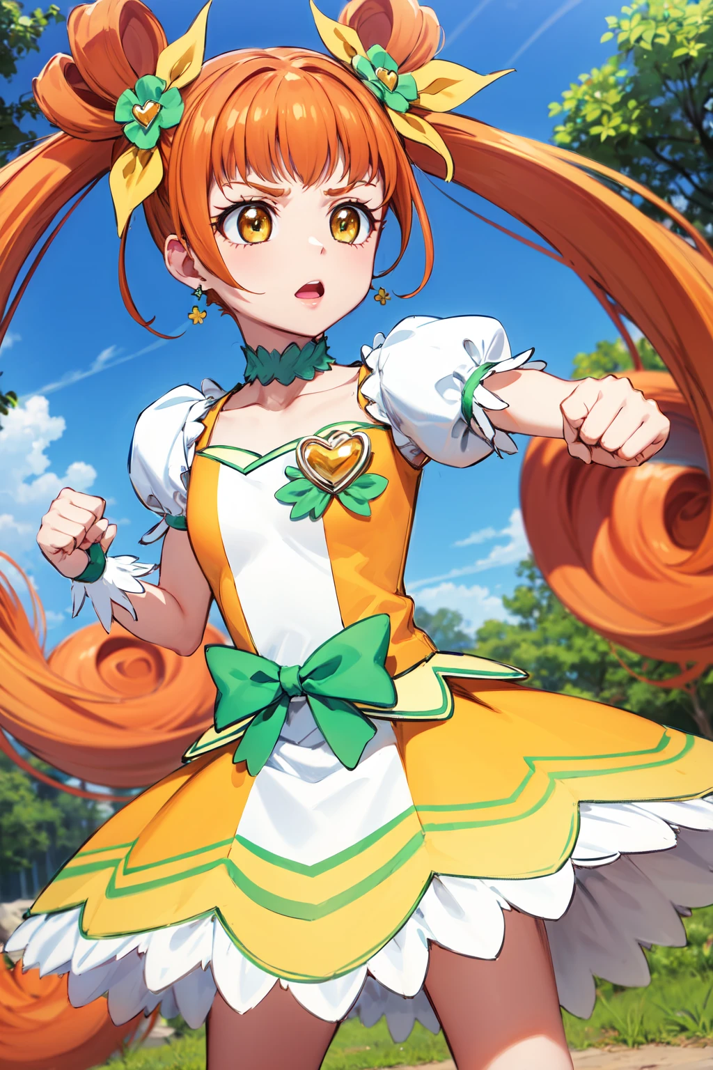 masterpiece,best quality,highres,ultra-detailed,aaalice,yellow eyes,orange hair,long hair,twintails,double bun,hair ornament,hair flower,earrings,green choker,magical girl,heart brooch,dress,(yellow dress:1.2),yellow shorts,puffy short sleeves,white dress,wrist cuffs,waist bow,skirt,boots,knee boots,<lora:yotsuba_alice:0.9>,outdoors,standing,(fighting_stance:1.4),