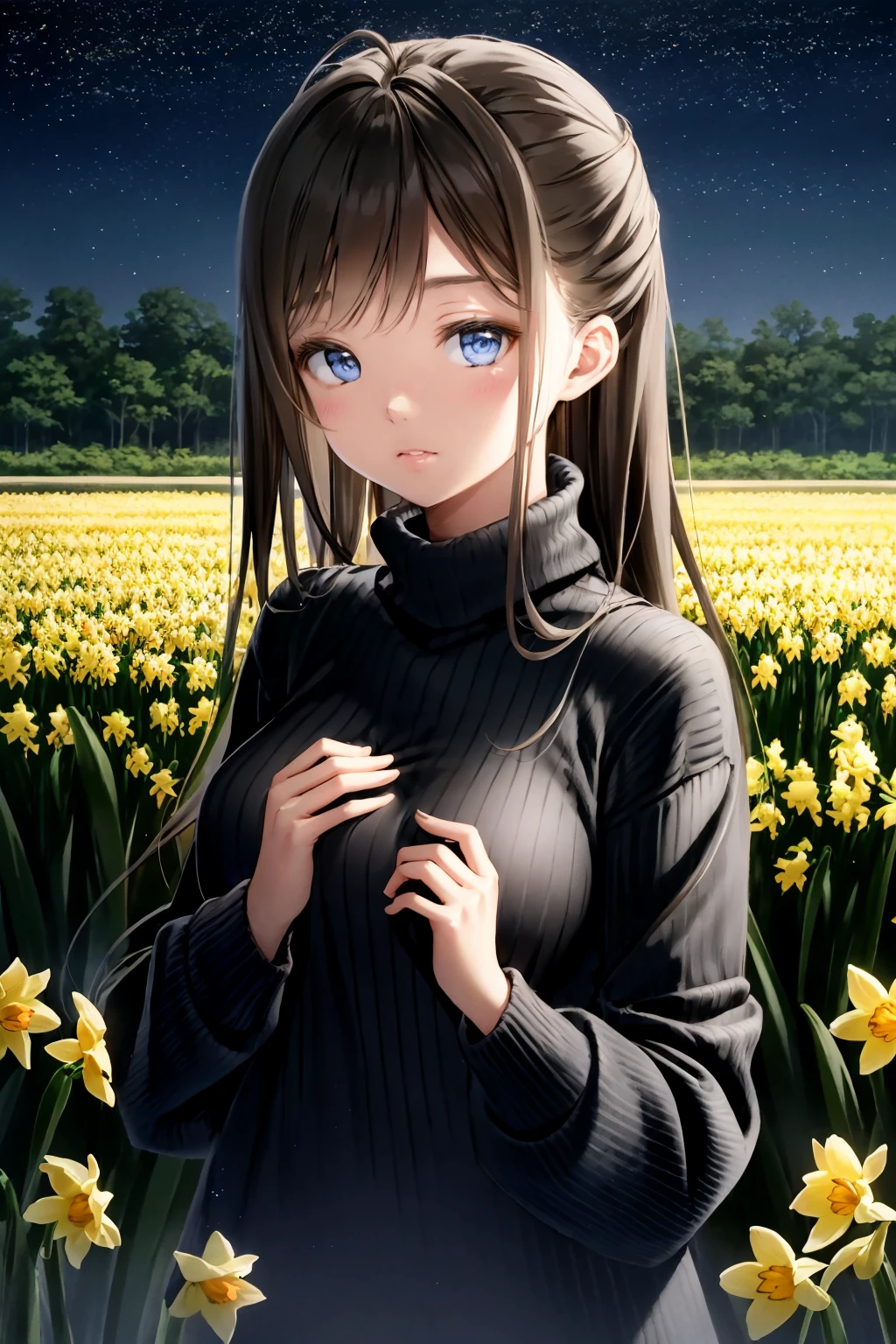Masterpiece, Best Quality: 1.4, 8k, Raw Photo, Photorealistic: 1.2, Japanese Girl, A super beautiful girl is wearing a black knitted sweater, scanty chest, turtleneck, tightly knitted with wool, super realistic, photorealistic, integrated CG 8K wallpaper, super detailed, illustration, very delicate and beautiful }, delicate and beautiful eyes, very beautiful skin}, delicate light, beautiful delicate shadow, daffodil garden, dancing petals, masterpiece, girl, landscape, shadow , deep field, black shiny hair, flowing hair, long hair, blue eyes, wind