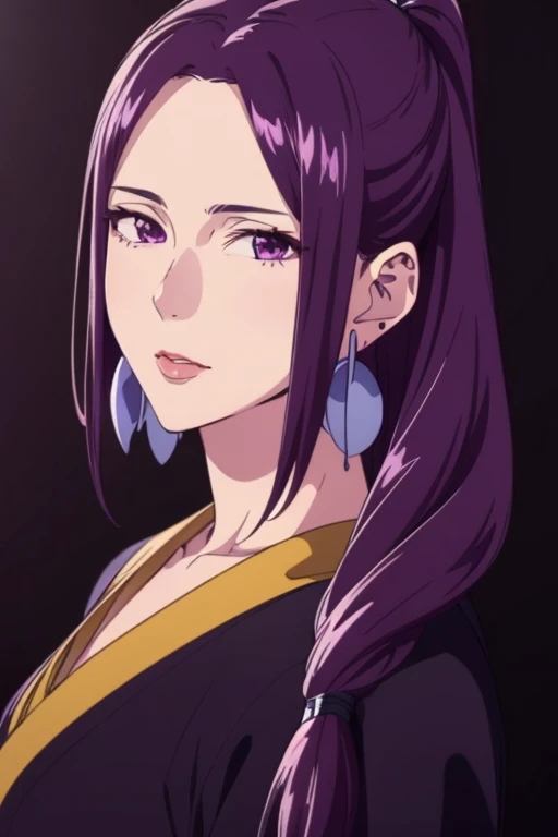 ((extremely realistic shading, masterpiece, extremely detailed, photorealistic)) <lora:aduofei-08:0.9>Purple long hair, bare forehead, purple eyes, earrings,mature women