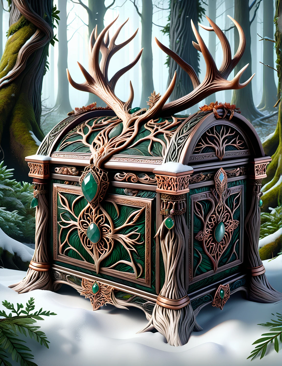 <lora:SDXLAntlerPagan:0.8>AntlerStyle, an ornate carved jewelry box, lost and forgotten among leaves and snow in a magical dark fantasy forest, high quality, extremely detailed, 8k,HDR