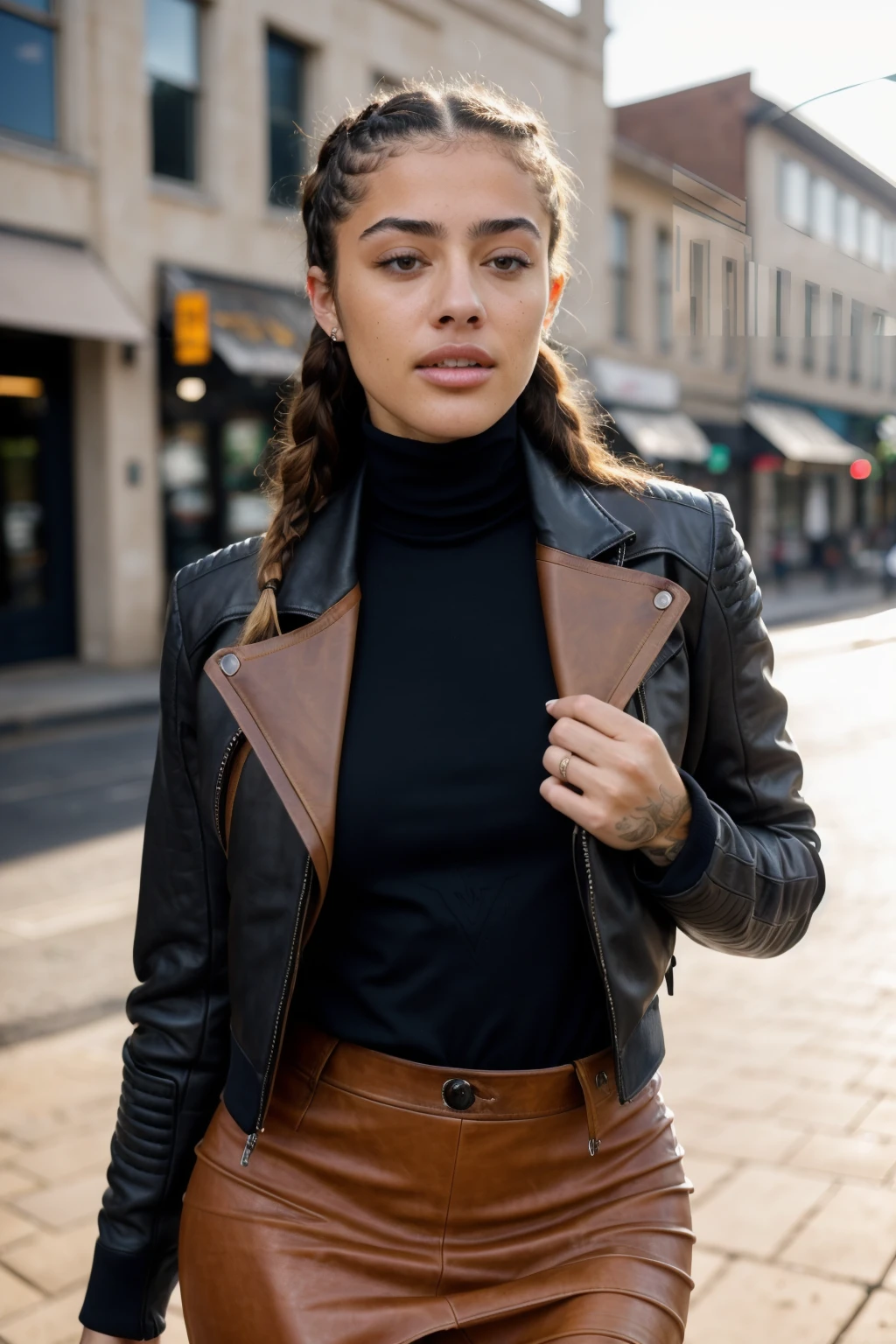 (masterpiece, best quality, high resolution:1.2), (cowboy shot:1.2), fashion pose,
amateur photography instagram photo, detailed face, dark theme, soothing tones, muted colors, high contrast, (natural skin texture, hyperrealism, soft light, sharp), Cannon EOS 5D Mark III, 85mm . f8.0, low light, underexposed, high contrast
lifelike texture,
detailed face, detailed eyes, detailed skin, extremely detailed, intricate details,
<lora:ZH_MTrevejo_v1:1>, zh_mtrevejo, 1girl, solo, realistic, long hair, arm tattoo, looking at viewer, ((winter turtleneck 1.2)), ((leather jacket:1.2)), (skirt), outdoors, braids, blonde highlights, street,