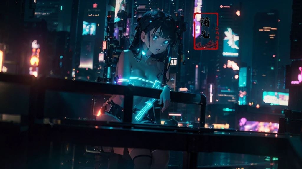 blurry, blurry_background, blurry_foreground, depth_of_field, motion_blur,
1girl, cyberpunk, solo, science fiction, city, neon lights, sitting, night, building, strapless, breasts, hologram, skyscraper, boots, long hair, cityscape, thighhighs, sky, black hair, scenery, white footwear(upper body:1.2)
(glow, light pollution:1.3)(solo focus:1.7)  <lora:~Q?-[SZW^W:fo science cyber:0.6>
