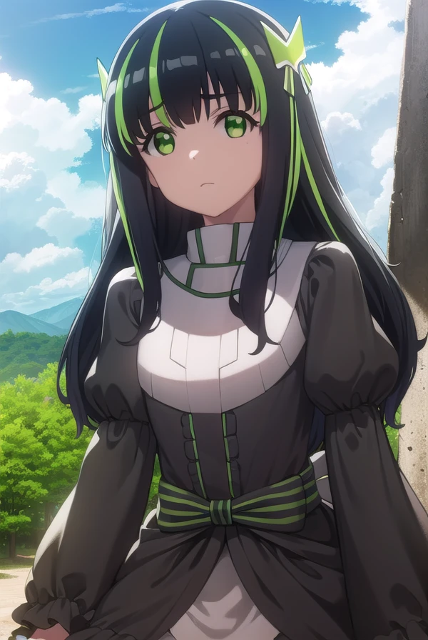bofurimay, <lora:bofuri may s2-lora-nochekaiser:1>,
may, long hair, bangs, black hair, hair ornament, bow, (green eyes:1.5), multicolored hair, green hair, two-tone hair, streaked hair,
BREAK long sleeves, dress, frills, striped, puffy sleeves, black dress, sleeves past wrists, juliet sleeves,
BREAK outdoors, forest, nature, sky, sun, clouds,
BREAK looking at viewer,
BREAK <lyco:GoodHands-beta2:1>, (masterpiece:1.2), best quality, high resolution, unity 8k wallpaper, (illustration:0.8), (beautiful detailed eyes:1.6), extremely detailed face, perfect lighting, extremely detailed CG, (perfect hands, perfect anatomy),