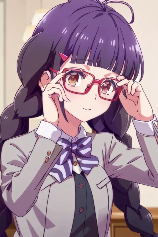 best quality, masterpiece, highres, solo, {izumisawa_aoi_renaiflops:1.15}, long_hair, glasses, red-framed_eyewear, braid, hair_ornament, twin_braids, hairclip, black_hair, bangs, brown_eyes, antenna_hair, purple_hair, 1girl, blunt_bangs, looking_at_viewer, portrait, blush, close-up