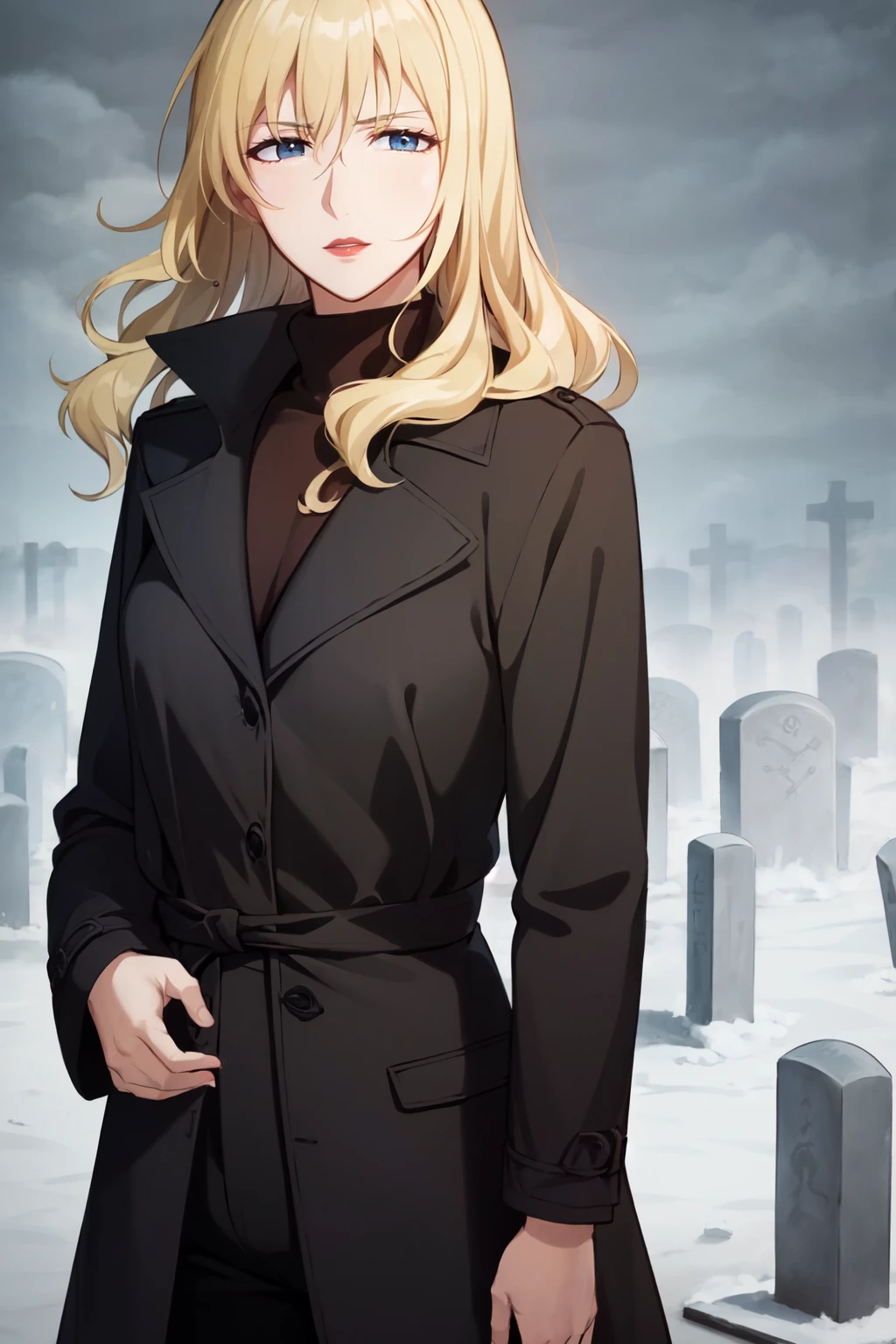 juliaco, solo, 1girl, black coat, long coat, turtleneck sweater, pants, lipstick, black pants, rain, cloudy sky, graveyard, upper body, looking at viewer, bird, feathers, anime coloring,  <lora:juliaco_V1-10:0.75>