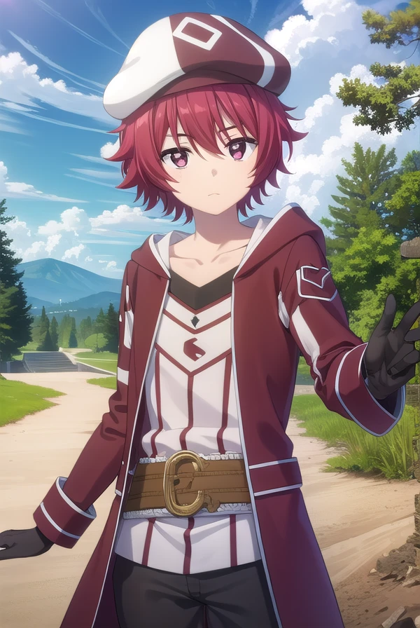 bofurikanade, <lora:bofuri kanade s2-lora-nochekaiser:1>,
kanade, short hair, (red eyes:1.3), red hair,
BREAK gloves, hat, collarbone, black gloves, belt, pants, coat, beret,
BREAK outdoors, forest, nature, sky, sun, clouds,
BREAK looking at viewer,
BREAK <lyco:GoodHands-beta2:1>, (masterpiece:1.2), best quality, high resolution, unity 8k wallpaper, (illustration:0.8), (beautiful detailed eyes:1.6), extremely detailed face, perfect lighting, extremely detailed CG, (perfect hands, perfect anatomy),