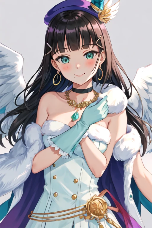 best quality, masterpiece, highres, solo, {kurosawa_dia_lovelivesunshine:1.15}, black_hair, bangs, mole, mole_under_mouth, long_hair, hair_ornament, blunt_bangs, blush, green_eyes, smile, hairclip, aqua_eyes, 1girl, dress, fur_trim, gloves, hat, jewelry, looking_at_viewer, necklace, pink_dress, white_gloves, wings, angel_wings, earrings, elbow_gloves, white_wings, braid, choker, feathered_wings, fur-trimmed_gloves