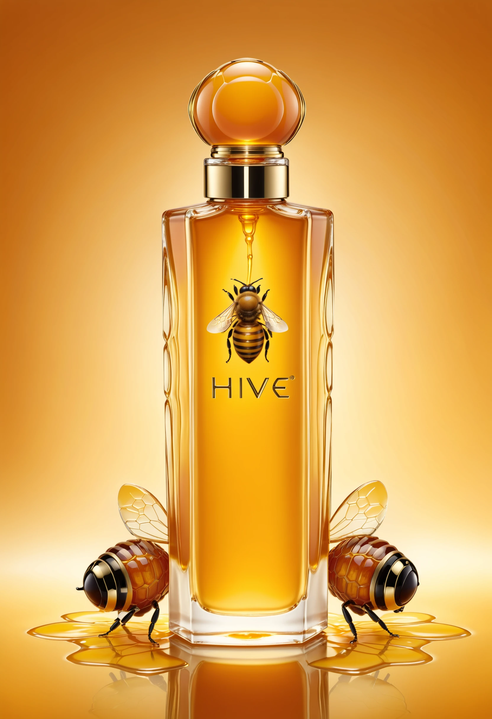 a bottle of perfume called "Hive" <lora:HoneyStyle:1> dvr-honey