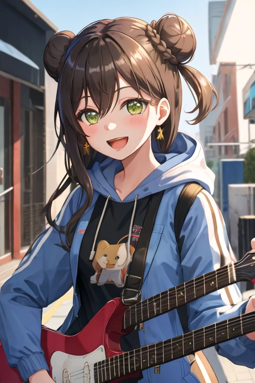 best quality, masterpiece, highres, solo, {hanazono_tae_bangdream:1.15}, long_hair, green_eyes, bangs, smile, blush, black_hair, brown_hair, hair_between_eyes, 1girl, :d, hair_bun, hood, hood_down, hoodie, looking_at_viewer, open_mouth, single_hair_bun, jacket, long_sleeves, upper_body, blue_jacket, character_name, happy_birthday, dated, drawstring, letterman_jacket