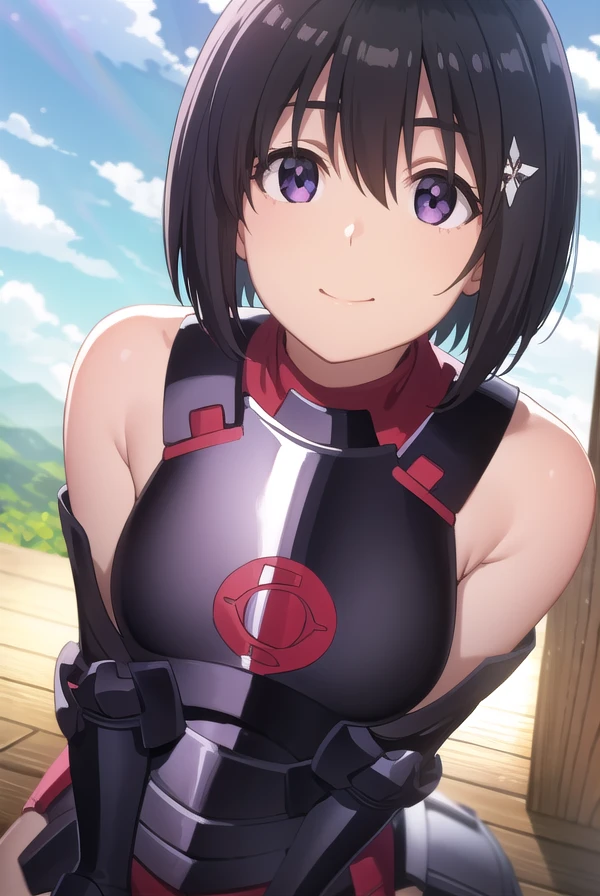 bofurimaple, <lora:bofuri maple s2-lora-nochekaiser:1>,
maple, short hair, bangs, black hair, hair ornament, (purple eyes:1.1), ahoge, bob cut, smile,
BREAK thighhighs, gloves, bare shoulders, boots, black gloves, elbow gloves, armor, red thighhighs, black armor,
BREAK outdoors, forest, nature, sky, sun, clouds,
BREAK looking at viewer,
BREAK <lyco:GoodHands-beta2:1>, (masterpiece:1.2), best quality, high resolution, unity 8k wallpaper, (illustration:0.8), (beautiful detailed eyes:1.6), extremely detailed face, perfect lighting, extremely detailed CG, (perfect hands, perfect anatomy),