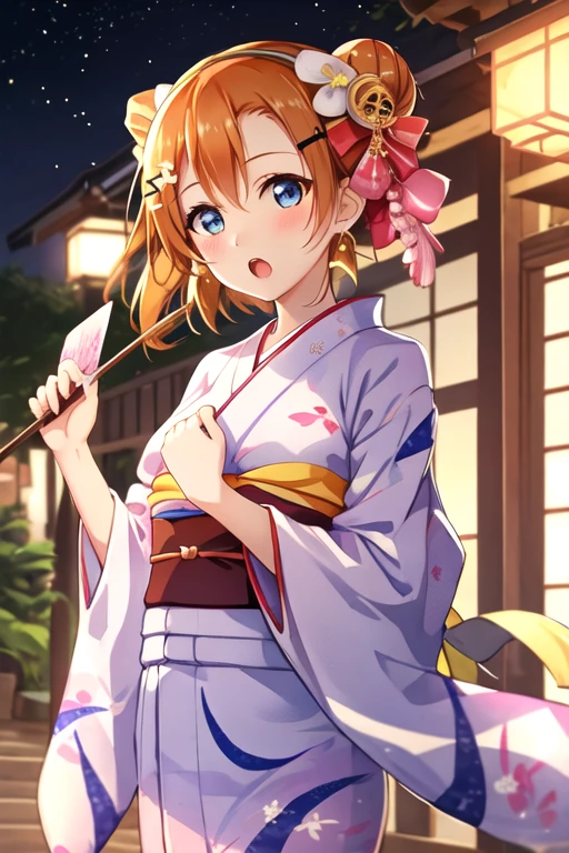 best quality, masterpiece, highres, solo, {kousaka_honoka_lovelive:1.15}, blue_eyes, orange_hair, one_side_up, smile, blush, short_hair, open_mouth, bow, hair_bow, hair_ornament, 1girl, alternate_hairstyle, japanese_clothes, kimono, looking_at_viewer, single_hair_bun, yukata, animal_print, fish_print, :o, hair_bun, obi, sash