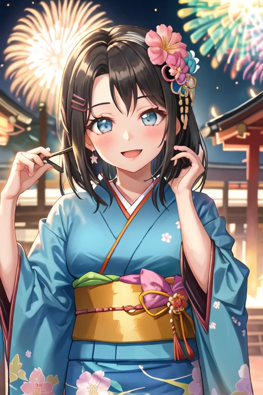 best quality, masterpiece, highres, solo, {okusawa_misaki_bangdream:1.15}, bangs, black_hair, hair_ornament, blue_eyes, hairclip, blush, smile, medium_hair, open_mouth, long_hair, 1girl, flower, hair_flower, japanese_clothes, kimono, blue_kimono, floral_print, looking_at_viewer, obi, sash, fireworks, night, short_hair