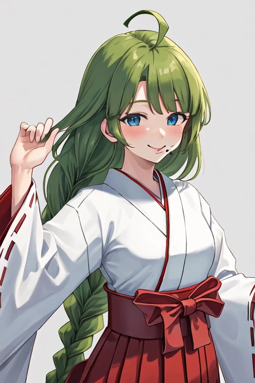 best quality, masterpiece, highres, solo, {white kimono:1.35}, {red hakama:1.35}, {wide sleeves:1.20}, {yuugumo_kantaicollection:1.15}, green_hair, long_hair, mole, mole_under_mouth, blue_eyes, ahoge, braid, single_braid, very_long_hair, blush, smile, bow, bowtie, breasts