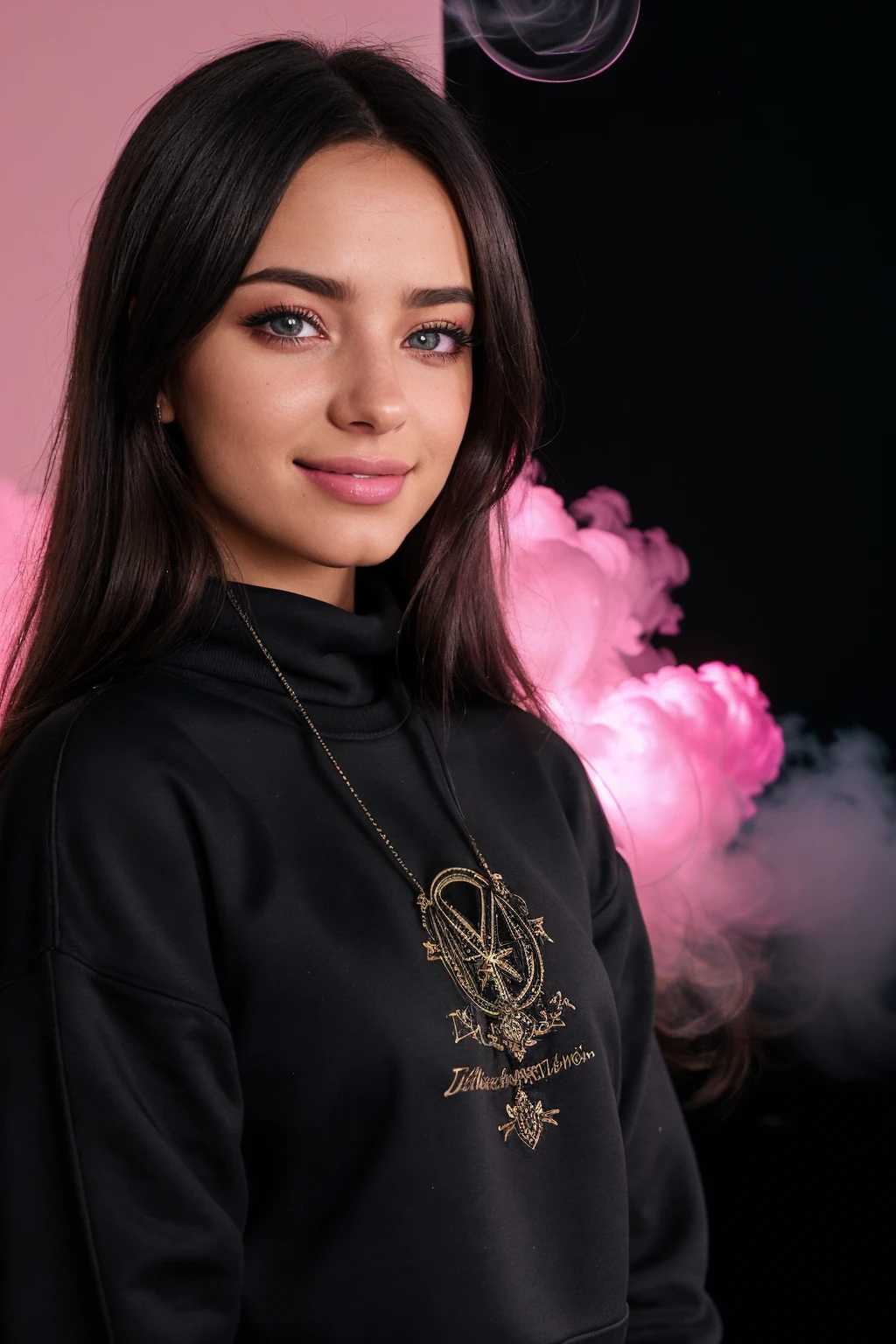 DV_Ayleene_Vicious , (blue eyes:1.3) ((Black Theme, Black backdrop:1.4)) (Close-Up Shot, headshot:1.4) (Brunette hair :1.4)wearing (Black sweatshirt :1.4) 35mm, F/2.8 ((Photo Focus, DOF, Aperture, insanely detailed and intricate, character, hypermaximalist, elegant, ornate, beautiful, exotic, revealing, appealing, attractive, amative, hyper realistic, super detailed, heresy flares)) (smiling at viewer:1.3)(volumetric pink smoke:1.3) (pink lens flare:1.2)(sharpness:1.3)(details:1.3)