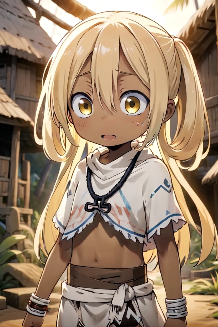 <lora:irumyuuisdxl-000019:0.5>
8 year old girl, mia_irumyuui,
she has (blonde hair).
(yellow eye color), sfw,
(blonde hair rings:1.5),
dark skin, wooden village, (flat chest), white tribal savage rag skirt,
outside, well lit, naval, chest fully covered in white savage tribal rags,
draw it in the style of made in abyss,
The soft lighting and detailed surroundings create an immersive environment where imagination runs wild
high quality visuals, dim Lighting, sharply focused, octane render, 8k UHD