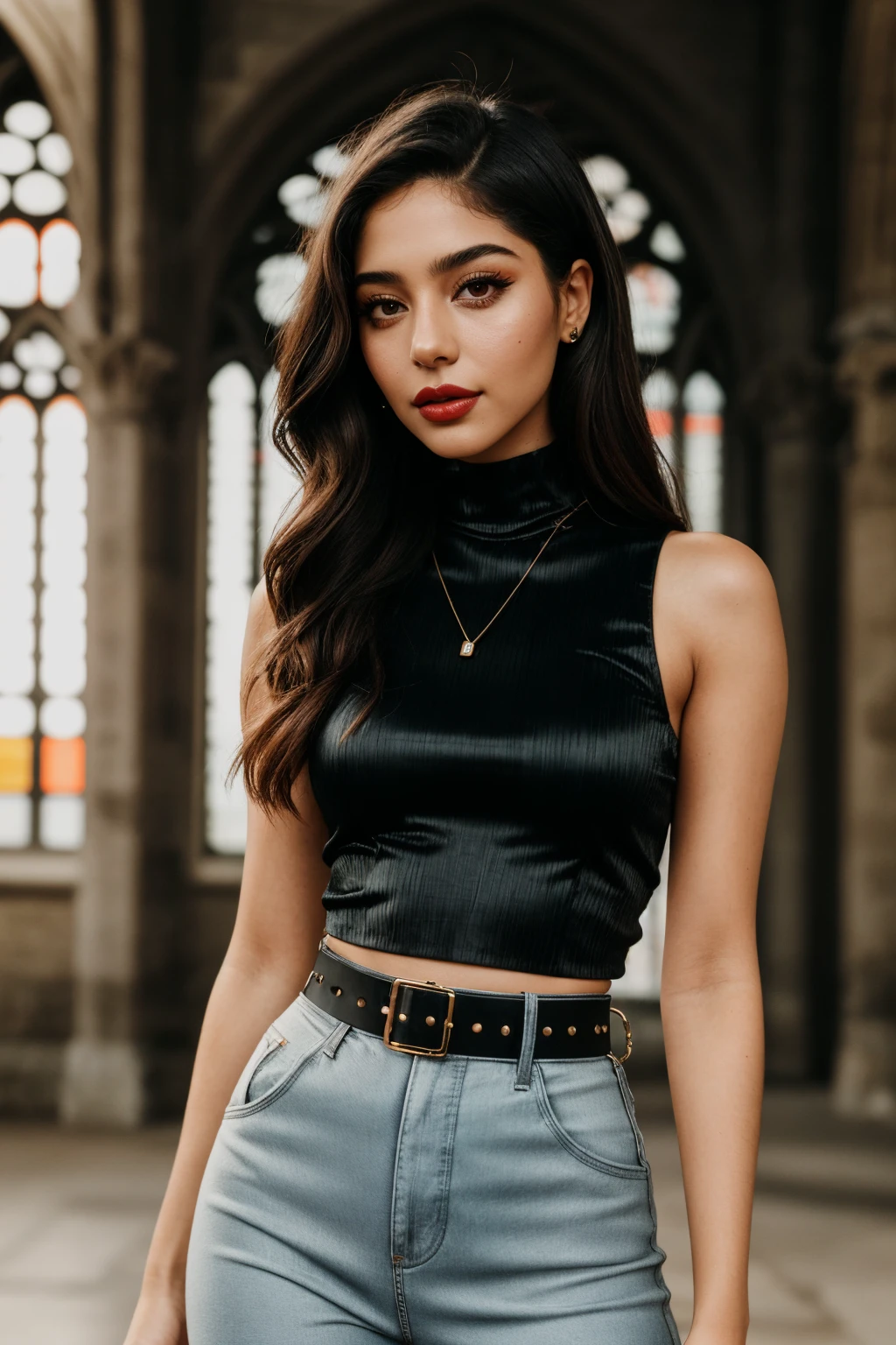photo of (EPM4y4n3lS4y3d:0.99), closeup portrait, perfect hair, (modern photo, comfy upper body clothing, satin, techno city texture, sleeveless, midi length, high waist, waist chain,,belt loops,,beaded accents,,d-rings, comfy lower body clothing, thermal-regulating polymer, crinkled, silk chiffon, slim fit, empire waist, two-piece set, zipper closure,,hand sanding,,ripped or distressed look,cargo pockets,,pockets), 24mm, (analog, cinematic, film grain:1.3), ((bourges cathedral, gradient:1.1)), ((detailed eyes)), ((eyeliner, long lashes)), (epicPhoto), long eyelashes, (perfect waist), (painted lips)