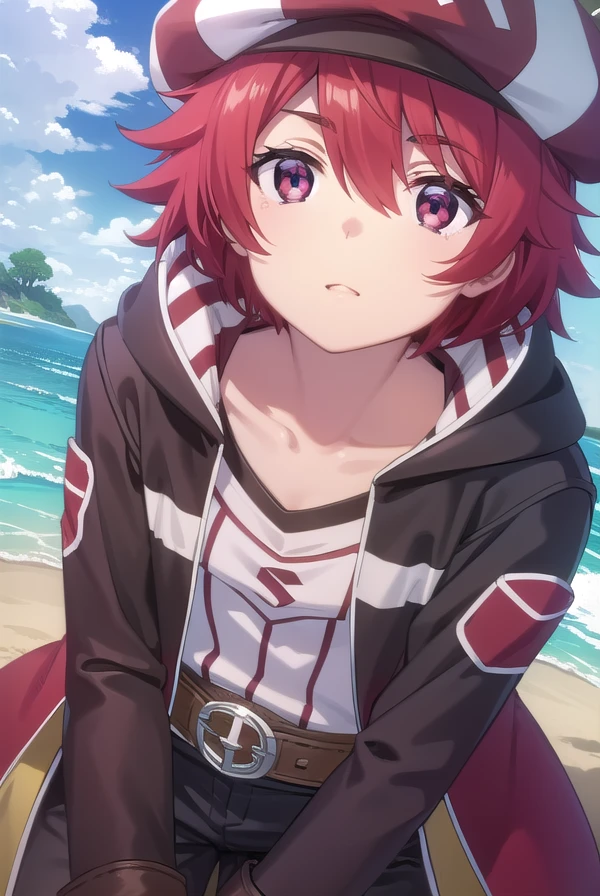 bofurikanade, <lora:bofuri kanade s2-lora-nochekaiser:1>,
kanade, short hair, (red eyes:1.3), red hair,
BREAK gloves, hat, collarbone, black gloves, belt, pants, coat, beret,
BREAK outdoors, forest, nature, sky, sun, clouds,
BREAK looking at viewer,
BREAK <lyco:GoodHands-beta2:1>, (masterpiece:1.2), best quality, high resolution, unity 8k wallpaper, (illustration:0.8), (beautiful detailed eyes:1.6), extremely detailed face, perfect lighting, extremely detailed CG, (perfect hands, perfect anatomy),