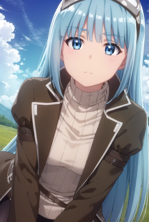 bofuriiz, <lora:bofuri iz s2-lora-nochekaiser:1>,
iz, long hair, bangs, blue eyes, blue hair, blunt bangs,
BREAK gloves, long sleeves, dress, pantyhose, black gloves, sweater, coat, turtleneck, goggles, ribbed sweater, goggles on head, open coat, turtleneck sweater,
BREAK outdoors, forest, nature, sky, sun, clouds,
BREAK looking at viewer,
BREAK <lyco:GoodHands-beta2:1>, (masterpiece:1.2), best quality, high resolution, unity 8k wallpaper, (illustration:0.8), (beautiful detailed eyes:1.6), extremely detailed face, perfect lighting, extremely detailed CG, (perfect hands, perfect anatomy),