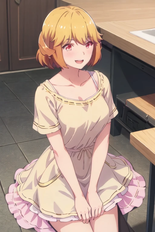 best quality, masterpiece, highres, solo, {istel_karin_renaiflops:1.15}, short_hair, blonde_hair, red_eyes, bangs, open_mouth, 1girl, blush, closed_eyes, orange_hair, smile