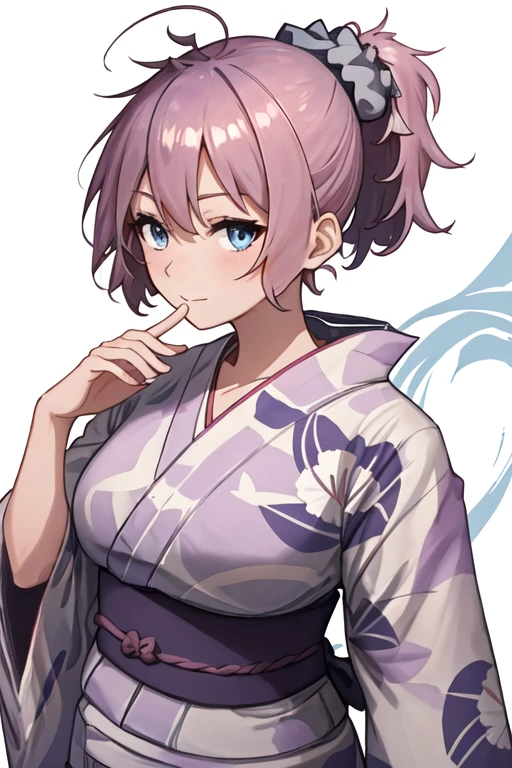 best quality, masterpiece, highres, solo, {yukata:1.40}, {kimono:1.20}, {aoba_kantaicollection:1.15}, ponytail, scrunchie, blue_eyes, purple_hair, pink_hair, blue_scrunchie, serafuku, messy_hair, breasts, short_hair, hair_ornament, hair_scrunchie