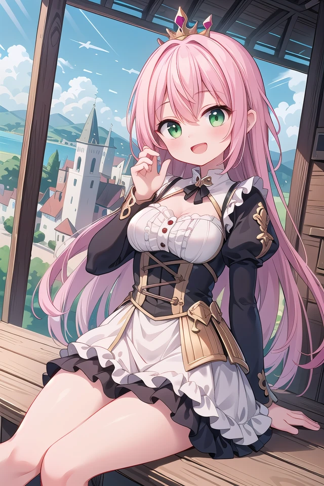 insanely detailed, absurdres, ultra-highres, ultra-detailed, best quality,
1girl, solo, nice hands, perfect hands,
BREAK
princess, princess dress with many frills, teara on hair,
happy smile, laugh, open mouth,
sitting, cute pose,
from below, cowboy shot,
BREAK
slender, kawaii, perfect symmetrical face, ultra cute girl, ultra cute face, ultra detailed eyes, ultra detailed hair, ultra cute, ultra beautiful,
BREAK
on roof of castle, (fantasy world, castle, panorama view:1.3), depth of field,
medium large breasts,
BREAK
pink hair, long hair, messy hair, green eyes, hair between eyes