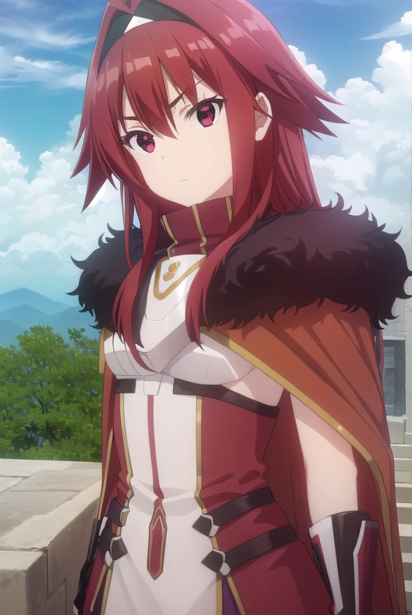 bofurimii, <lora:bofuri mii s2-lora-nochekaiser:1>,
mii, long hair, bangs, (red eyes:1.3), hair between eyes, sidelocks, red hair, hairband, black hairband,
BREAK gloves, black gloves, cape, armor, fur trim, red cape,
BREAK outdoors, forest, nature, sky, sun, clouds,
BREAK looking at viewer,
BREAK <lyco:GoodHands-beta2:1>, (masterpiece:1.2), best quality, high resolution, unity 8k wallpaper, (illustration:0.8), (beautiful detailed eyes:1.6), extremely detailed face, perfect lighting, extremely detailed CG, (perfect hands, perfect anatomy),