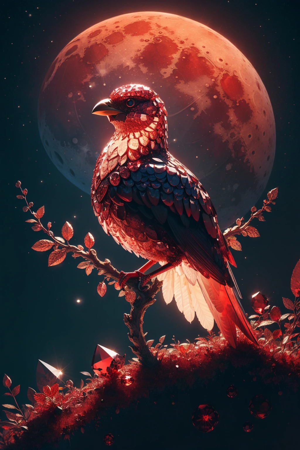 masterpiece, best quality, <lora:redcrystal-nvwls-v1:1> redcrystal bird, sky, night sky, red moon