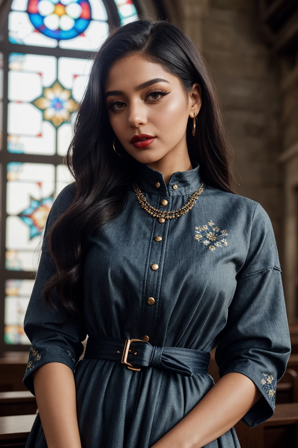 photo of (EPM4y4n3lS4y3d:0.99), closeup portrait, perfect hair, (modern photo, bulky upper body clothing, synth-fiber, flutter sleeves, midi length, empire waist, convertible dress, tie closure,,indigo wash,,drawstring waist,,waist chain, snug lower body clothing, damask, quantum resonance print, bioregenerative living walls, cropped length, empire waist, detachable train, button closure,,appliqué work), 24mm, (analog, cinematic, film grain:1.3), ((Churches of Peace in Jawor and Swidnica, gradient:1.1)), ((detailed eyes)), ((eyeliner, long lashes)), (epicPhoto), long eyelashes, (perfect waist), (painted lips)