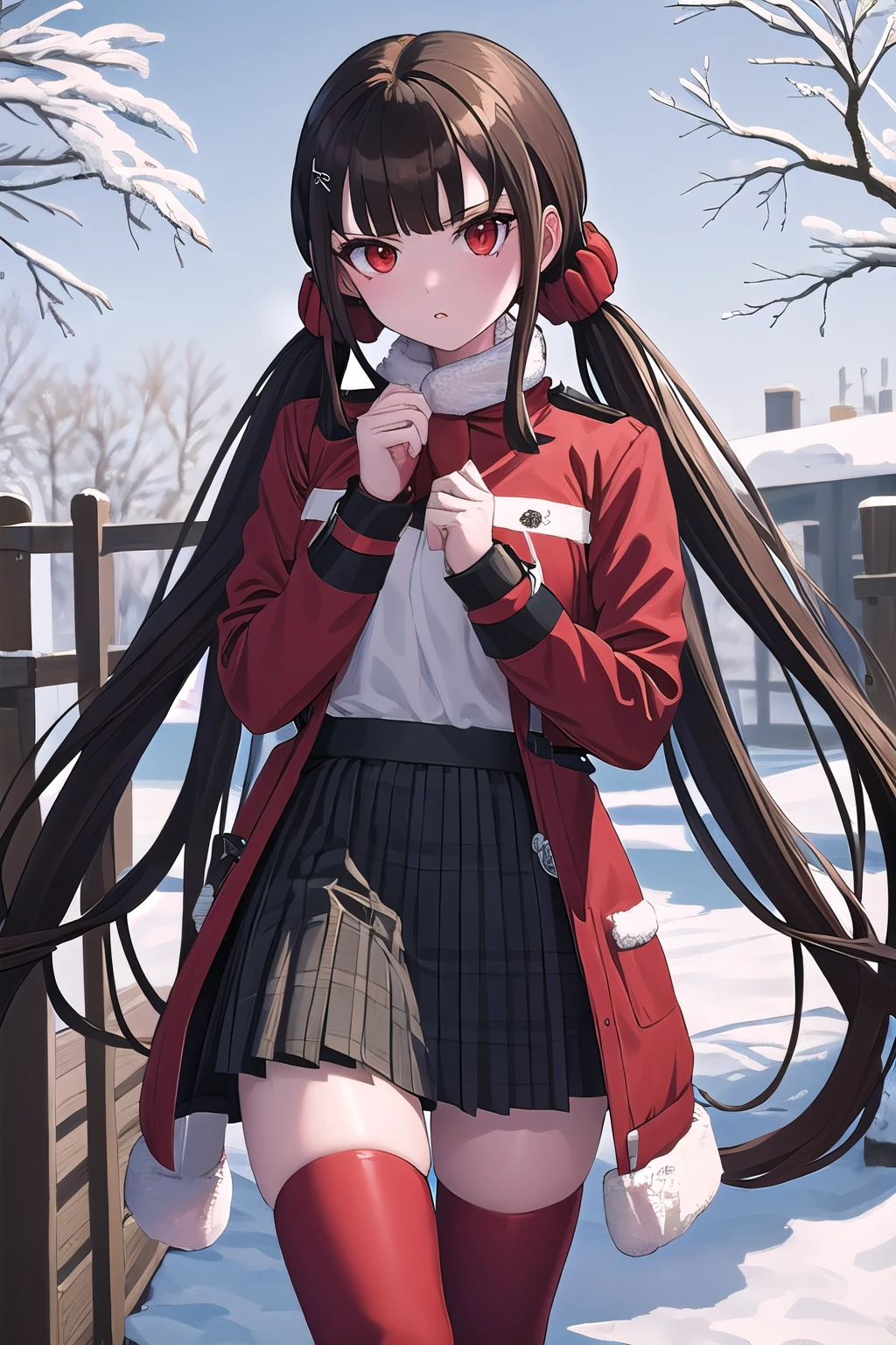 masterpiece, best quality, ultra-high-detailed, Harumaki, red eyes, brown hair, low twintails, red scrunchie, mole under eye, blunt bangs, hairclip,  winter coat, snow, outdoors, red thighhighs