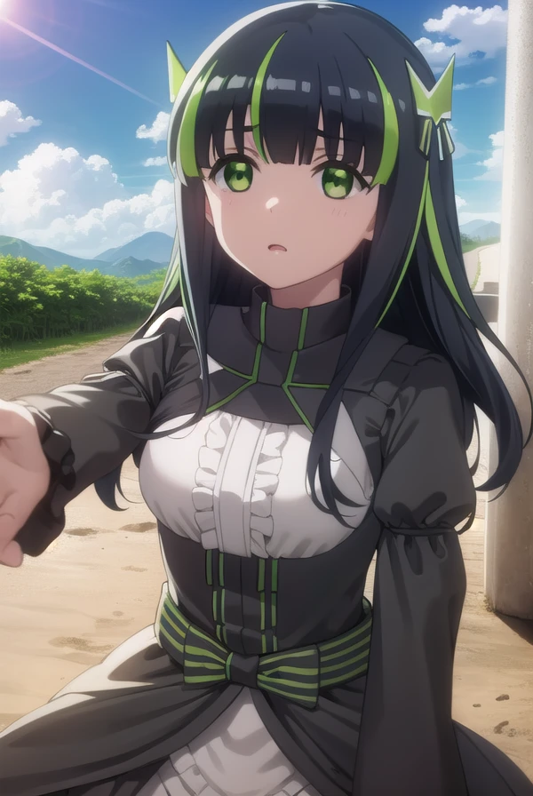 bofurimay, <lora:bofuri may s2-lora-nochekaiser:1>,
may, long hair, bangs, black hair, hair ornament, bow, (green eyes:1.5), multicolored hair, green hair, two-tone hair, streaked hair,
BREAK long sleeves, dress, frills, striped, puffy sleeves, black dress, sleeves past wrists, juliet sleeves,
BREAK outdoors, forest, nature, sky, sun, clouds,
BREAK looking at viewer,
BREAK <lyco:GoodHands-beta2:1>, (masterpiece:1.2), best quality, high resolution, unity 8k wallpaper, (illustration:0.8), (beautiful detailed eyes:1.6), extremely detailed face, perfect lighting, extremely detailed CG, (perfect hands, perfect anatomy),