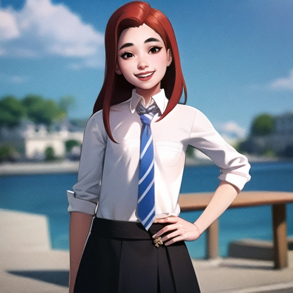 TulipKarasu, solo, white shirt, blue necktie, (small breasts), black skirt, looking at viewer, smile, cowboy shot, <lora:TulipKarasu_v1:0.8>