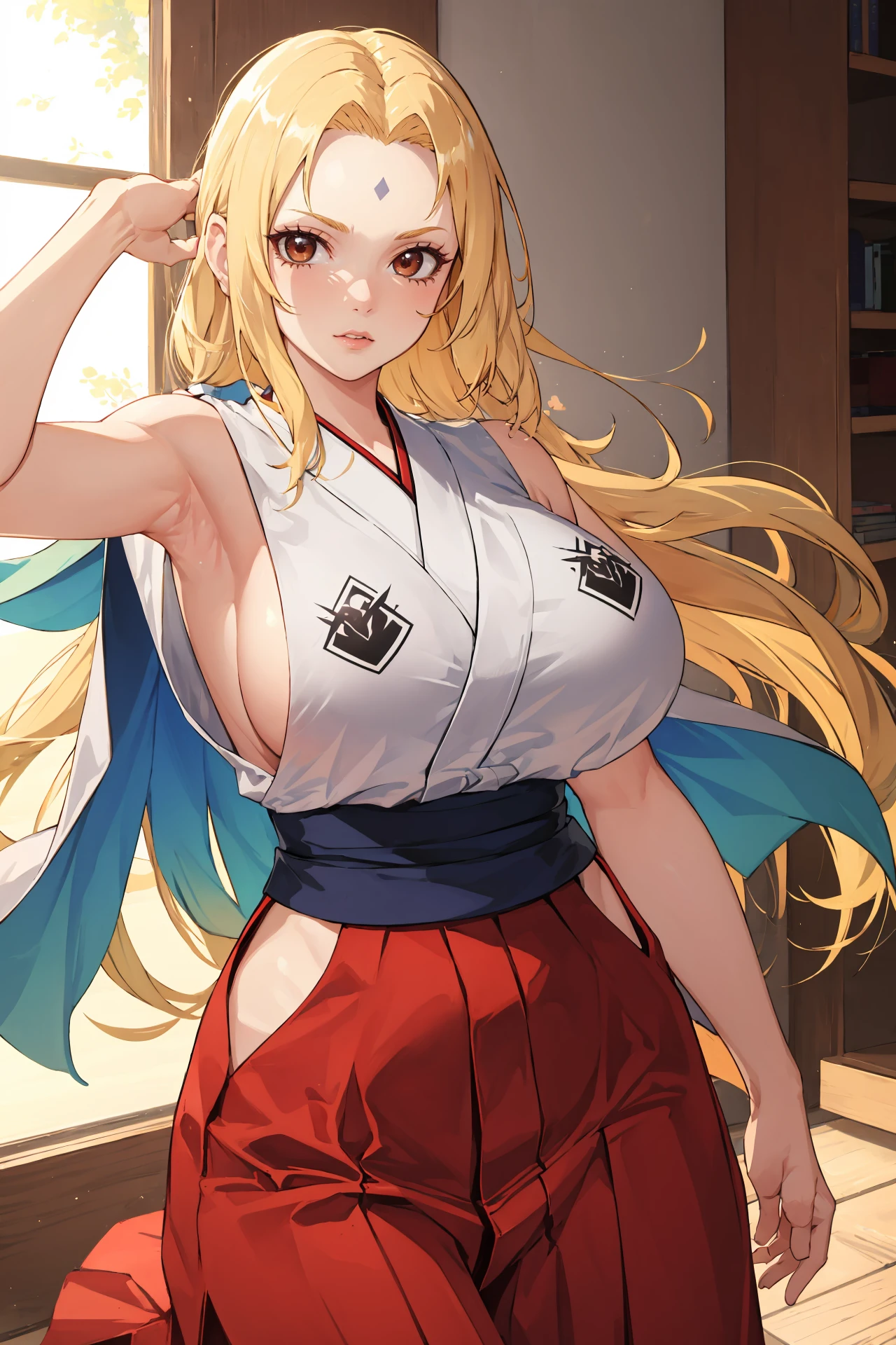 (masterpiece, best quality:1.2), intricate details, <lora:GoodHands-beta2:1>, <lora:yamato_cosplay-000010:0.8>, yamato cosplay, 1girl, sideboob, shimenawa, sleeveless, rope, hakama, <lora:naruto_tsunade:0.8>, tsunadernd, forehead mark, (mature female:1.2), huge breasts
